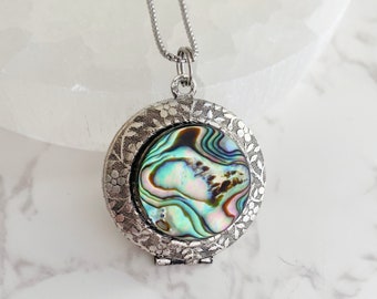 Abalone Shell Locket Necklace with photos, silver embossed picture locket, bridesmaid gift, personalized locket