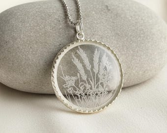 Etched Wildflower Domed Glass Necklace: Silver Bezel Floral Pendant