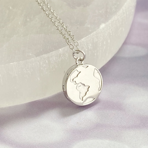 Sterling Silver Earth Locket Necklace, personalized with engraving, tiny globe pendant