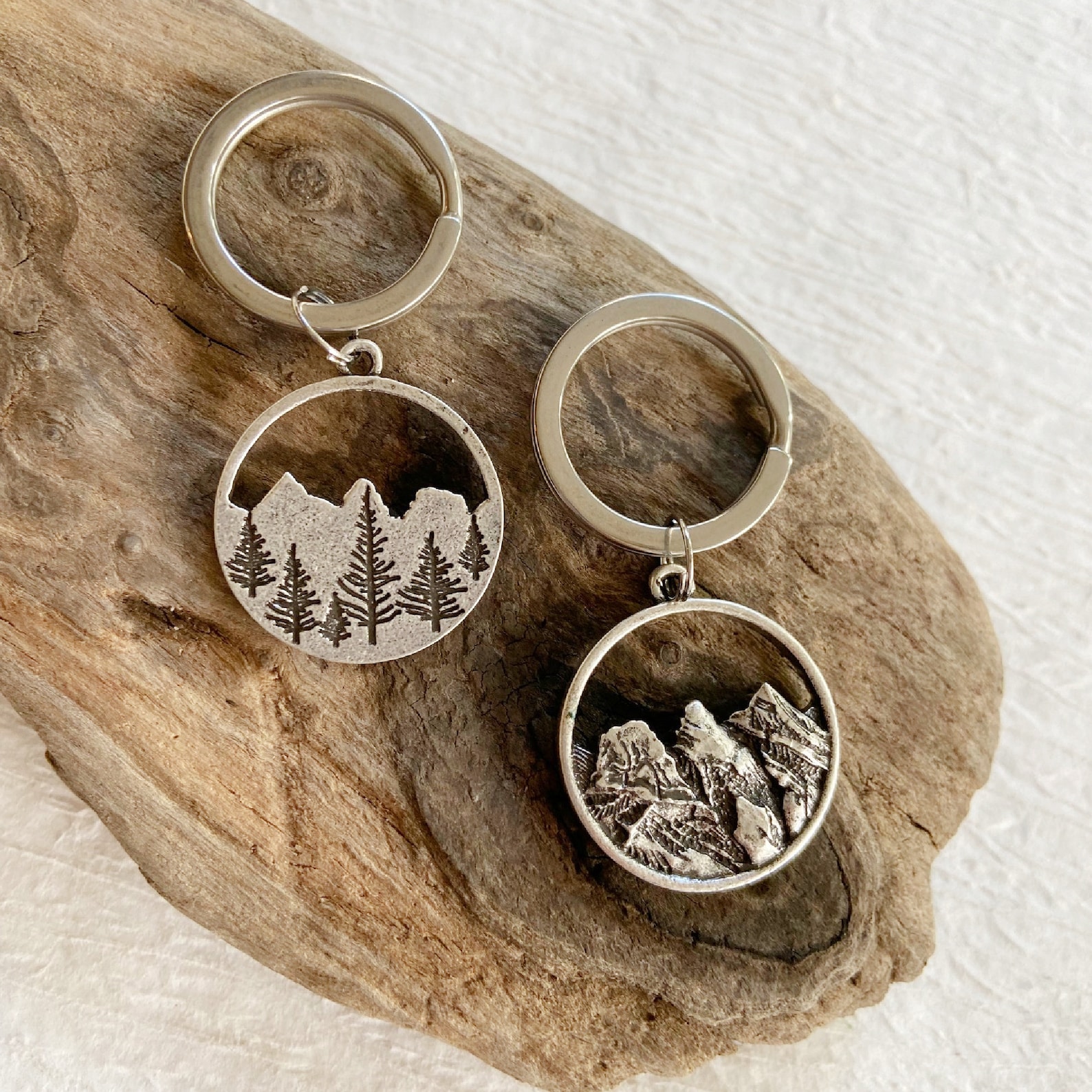 Two Sided Silver Mountain Keychain Pine Tree Keychain Hand Etsy