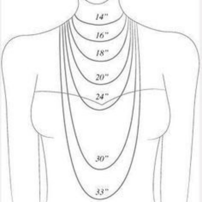 May include: A diagram illustrating necklace lengths, ranging from 14 inches to 33 inches. The image shows how different chain lengths would appear when worn. The lengths are labeled in inches, providing a visual guide for necklace selection.