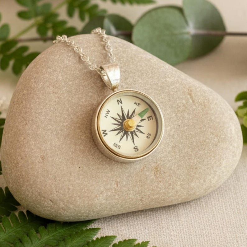 Silver Working Compass Pendant, small compass necklace, graduation gift image 1