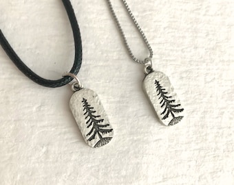 Stamped Pine Tree Necklace, small silver tree pendant, hammered rustic tree charm