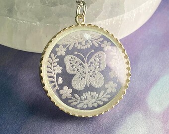 Butterfly Pendant Necklace, clear etched glass pendant, engraved jewelry for her, silver butterfly, large round glass pendant