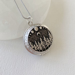 Small Moonlit Trees Locket Necklace with photo, silver picture locket with moon phases and pine trees
