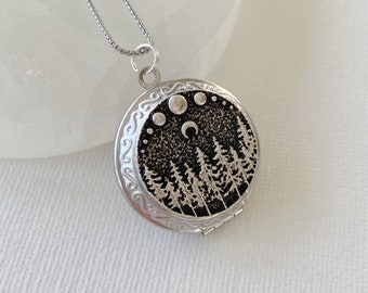 Small Moonlit Trees Locket Necklace, locket with photos, silver round photo locket, moon locket pendant, stainless steel locket