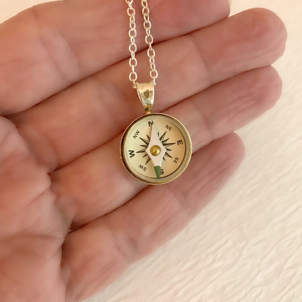 Silver Toned Brass w/ Silver Face Compass Necklace Pendant & Chain 