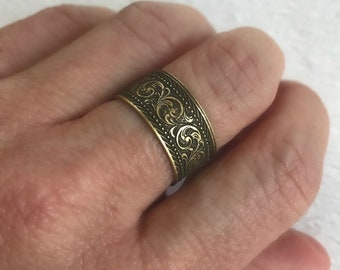 Wide Band Ring - antique bronze finish - adjustable comfort ring - unisex ring - embossed bronze ring