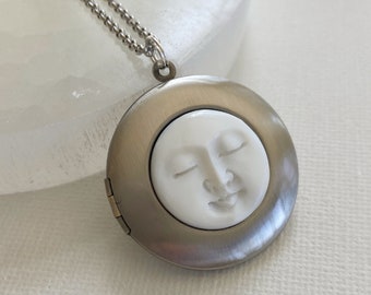 Sleeping Moon Locket Necklace, silver locket with photos, mother of pearl moon face, carved moon face pendant