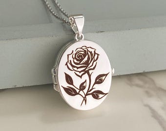 Collar con medallón ovalado de rosa plateada, medallón floral personalizado grabado con fotos