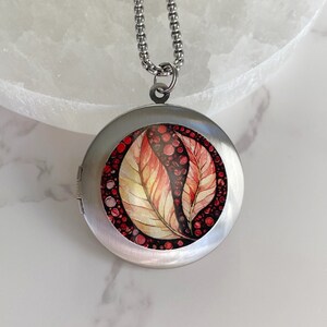 Fall Leaves Photo Locket Necklace, silver picture locket with photos, colorful leaf pendant, personalized jewelry gift, custom engraving