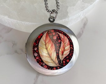 Fall Leaves Photo Locket Necklace, silver picture locket with photos, colorful leaf pendant, personalized jewelry gift, custom engraving