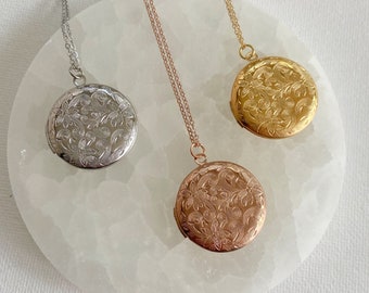 Floral Embossed Locket Necklace with photos and engraving - Gold, Silver, Rose Gold finish, personalized jewelry gift