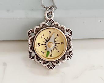 Working Compass Necklace in Silver Flower Setting, antique style compass jewelry, personalized engraving, graduation gift