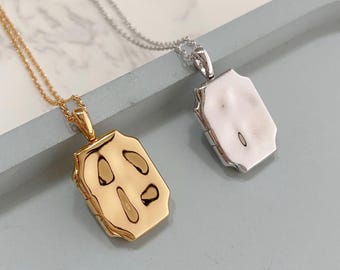 Sterling Silver Slim Locket Necklace: Dainty Rectangle Photo Keepsake pendant, silver and gold finish