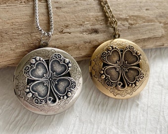 Four Leaf Clover Locket Necklace, locket with photos, Shamrock locket, silver and gold clover locket, picture locket, Irish locket