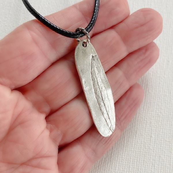 Silver Willow Leaf Necklace, long silver leaf pendant, pewter willow leaf charm, leaf pendant on black cord, cord necklace with leaf