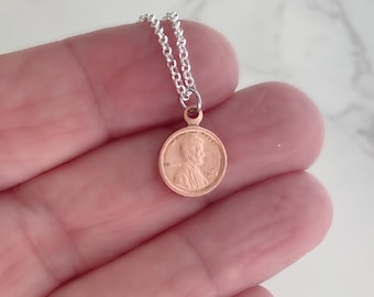 Mini Copper Penny Charm Necklace, good luck jewelry, dainty coin pendant,  penny replica charm