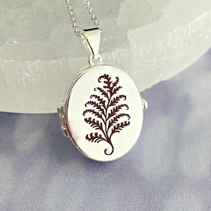 Silver Oval Fern Locket Necklace, locket pendant with photos, dainty personalized locket gift