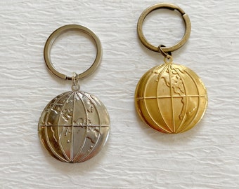 Two Sided Earth Locket Keychain with pictures, silver or gold globe locket, personalized locket gift for man