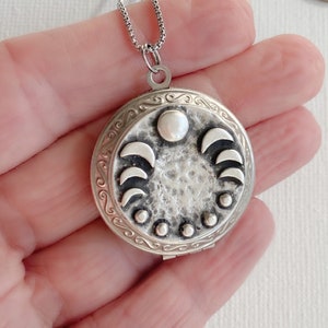 Moon Phases Locket Necklace with photos, silver moon jewelry, stainless steel picture locket for men