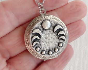 Silver Moon Phase Locket Necklace, moon jewelry, phases of the moon pendant, locket with photos, stainless steel locket
