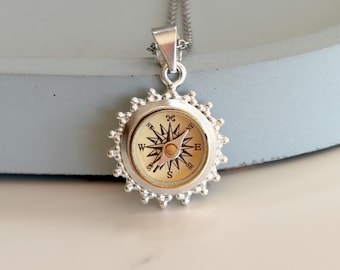 Dainty Sterling Silver Working Compass Necklace with engraving, functional compass pendant, personalized travel themed gift
