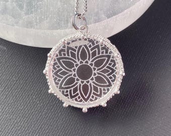 Clear Glass Mandala Pendant, laser engraved glass, engraved jewelry for her, round pendant, handmade necklace, silver mandala