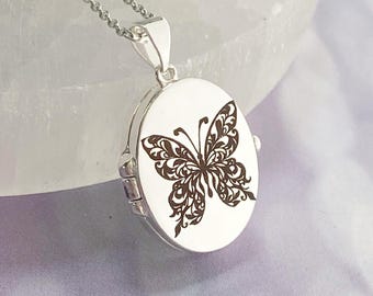 Silver Butterfly Oval Locket Necklace, personalized engraved with photos
