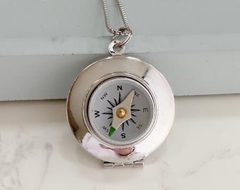 Silver Working Compass Locket Necklace: Silver Face with Photos, Personalized Adventure Gift