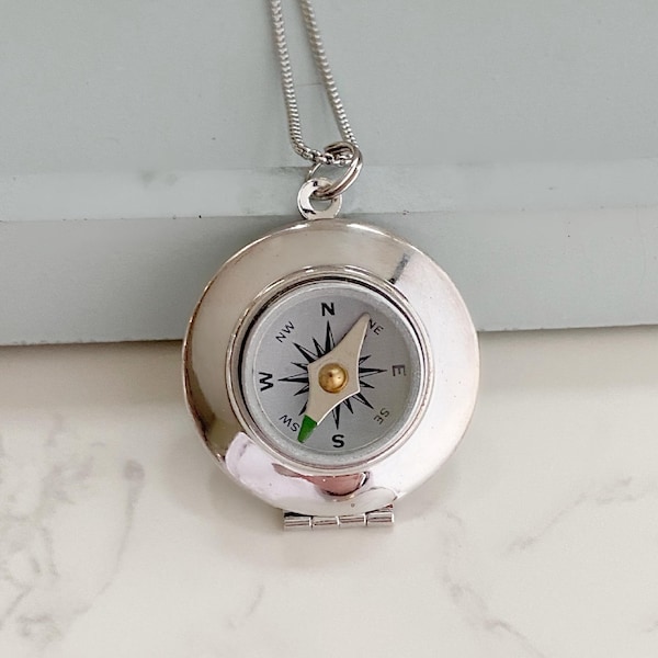 Silver Working Compass Locket Necklace: Silver Face with Photos, Personalized Adventure Gift