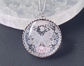 Clear Glass Butterfly Necklace, etched glass pendant, engraved jewelry for her, silver butterfly, round glass pendant