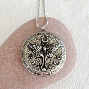 Luna Moth Locket Necklace with Photo, extra large silver locket, oversized locket, deep locket, big locket image 1