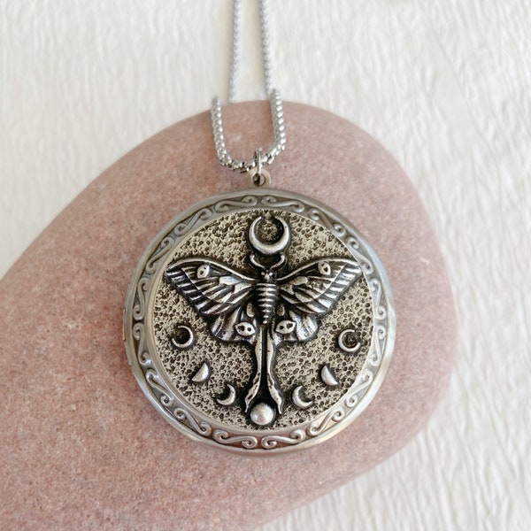 Luna Moth Locket Necklace with Photo, extra large silver locket, oversized locket, deep locket, big locket