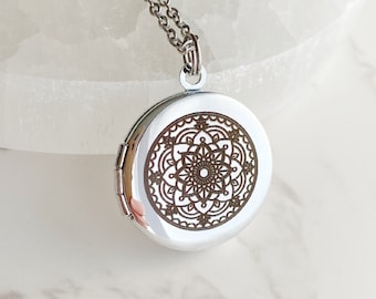 Mandala Locket Necklace - small silver locket with photos and custom engraving, mandala 2