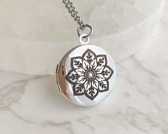 Silver Mandala Locket Necklace - small picture locket with photos and custom engraving, mandala 4