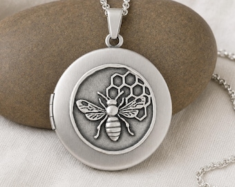 Medallón de plata con forma de abeja, con fotos y grabado, collar personalizado con motivos de la naturaleza, regalo para guardar recuerdos fotográficos.