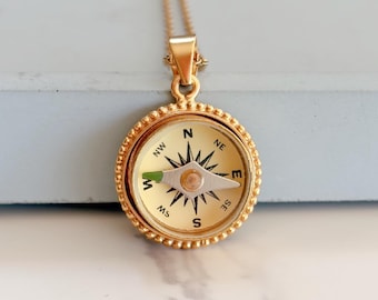 Large Gold Working Compass Necklace, 925 sterling silver, functional compass pendant