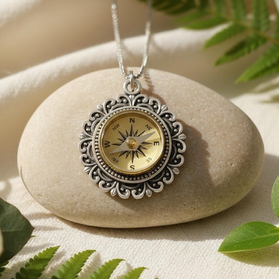 Vintage Style Working Compass Necklace, silver functional compass jewelry, graduation gift