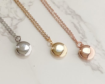 Mini Round Locket Necklace, silver-gold-rose gold, dainty photo locket