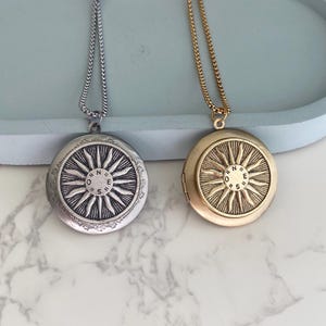 Sun Locket Necklace with photos, silver and gold sun compass pendant, custom engraved necklace