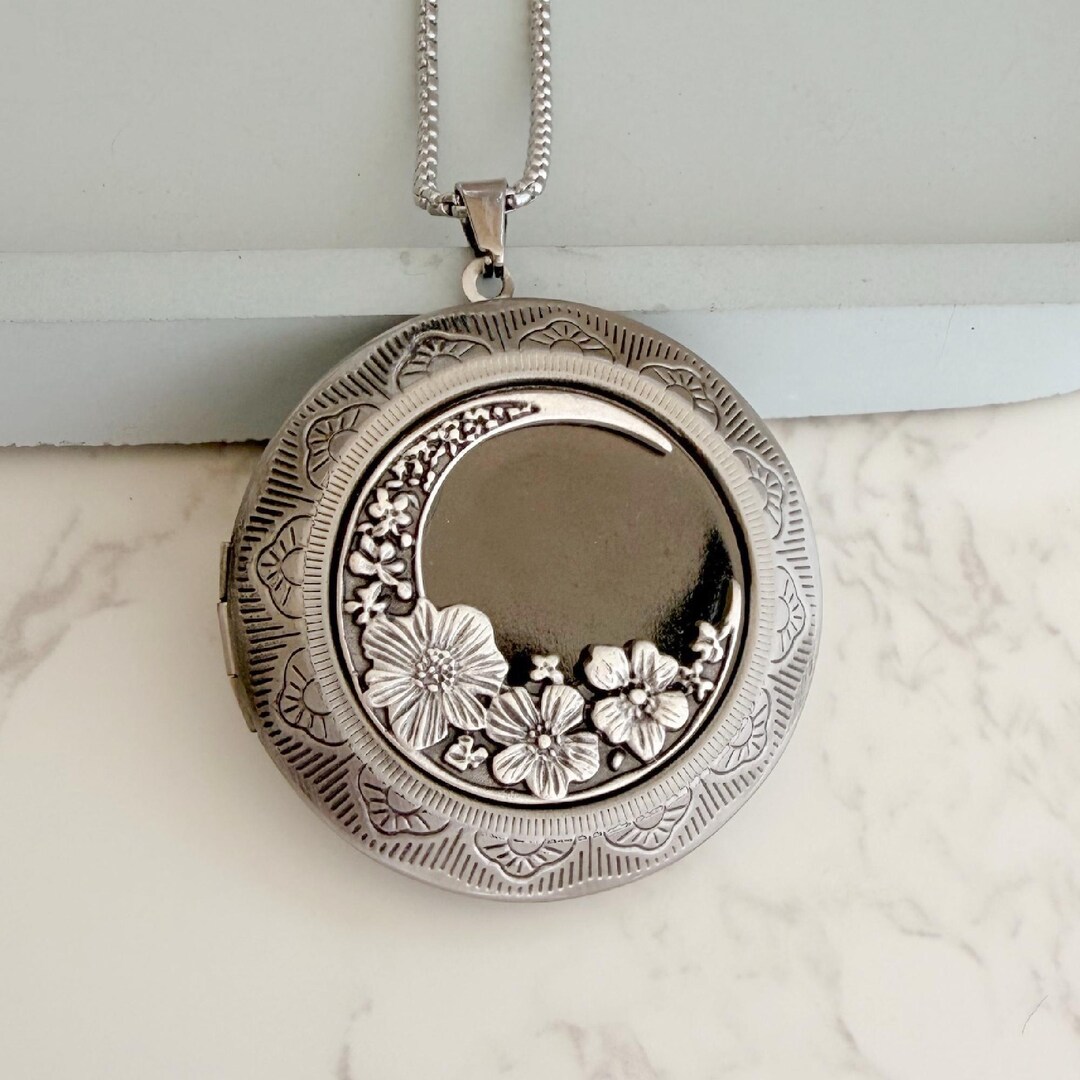 Extra Large Floral Crescent Moon Locket Necklace, Antique Silver Nature ...