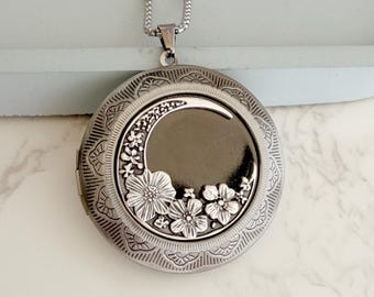 Extra Large Floral Crescent Moon Locket Necklace, Antique Silver Nature Photo Pendant, Extra Deep Locket