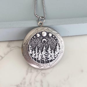 Moonlit Trees Locket Necklace with Photos, personalized engraved jewelry gift for men, engraved locket with pictures