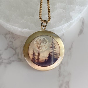 Gold Full Moon Forest Locket Necklace: Personalized Photo Pendant