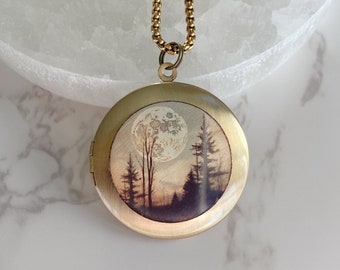 Gold Full Moon Forest Locket Necklace, picture locket with photos, celestial pendant, personalized jewelry gift with engraving