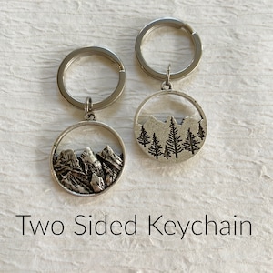 Two Sided Silver Mountain Keychain, pine tree keychain, hand stamped trees, keychain gift for him