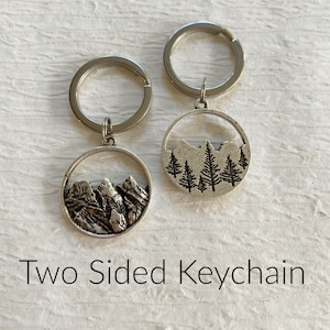 Two Sided Silver Mountain Keychain, pine tree keychain, hand stamped trees, key chain for man, mountain key chain for him