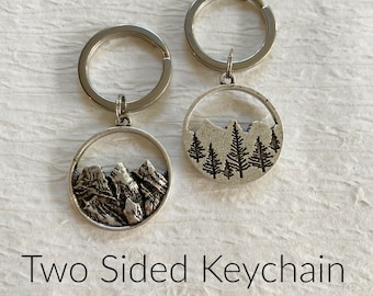 Two Sided Silver Mountain Keychain, pine tree keychain, hand stamped trees, keychain gift for him