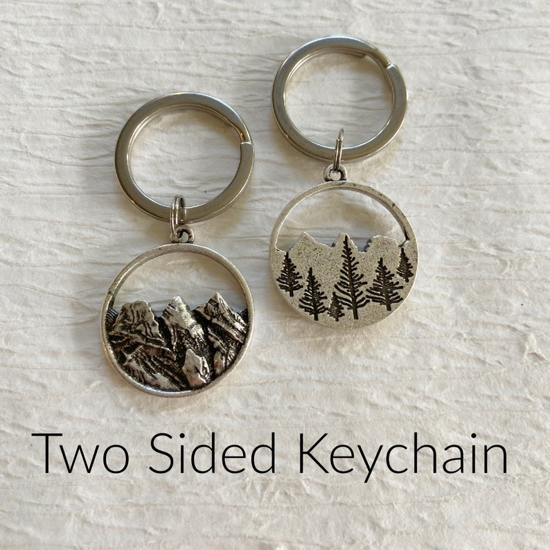 Two Sided Silver Mountain Keychain, pine tree keychain, hand stamped trees, key chain for man, mountain key chain for him